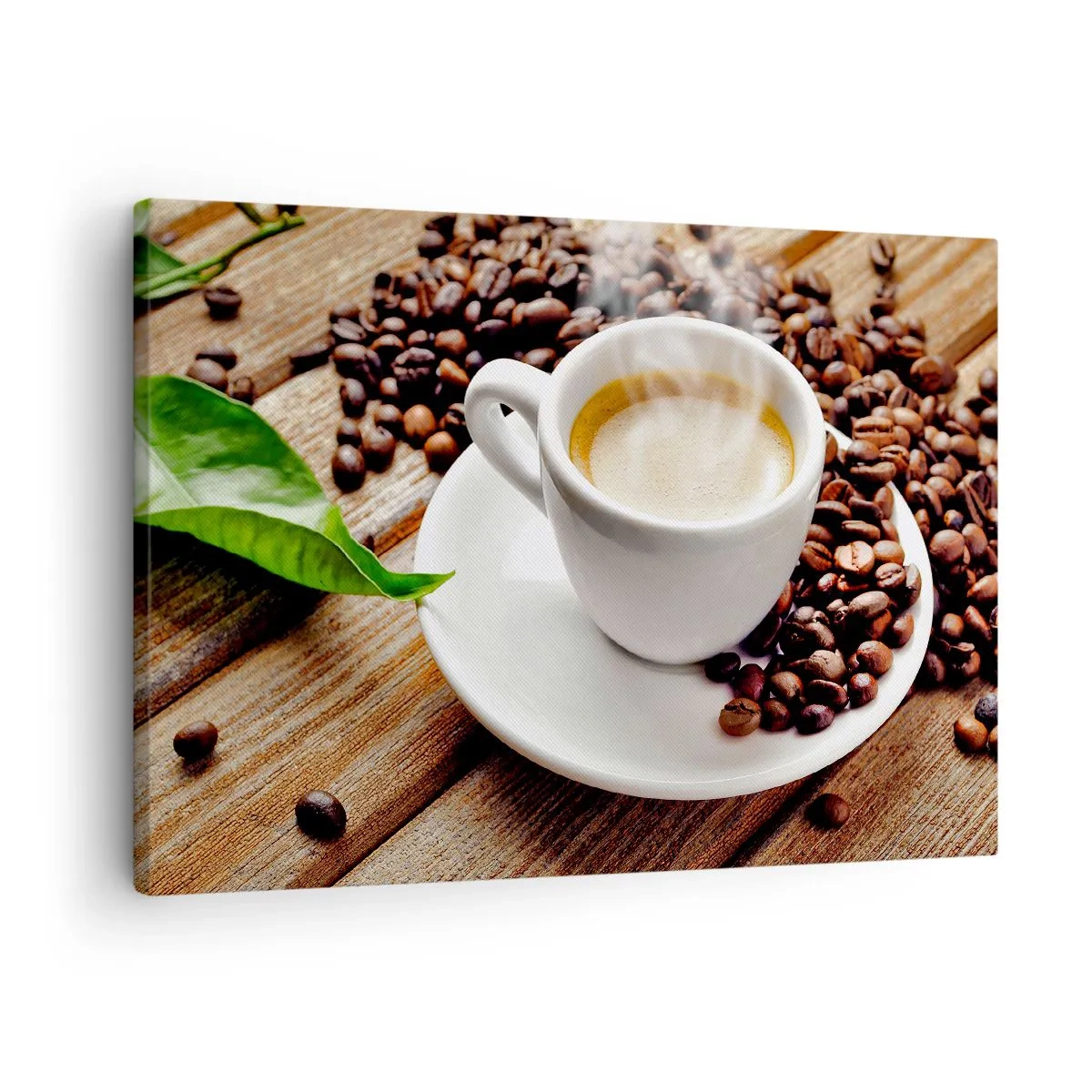 Obraz na plátne - Šálka aromatickej kávy na pozadí fazule a listu - 70x50cm - Káva na lavici - Moderná nástenná dekorácia do obývacej izby a spálne ARTTOR