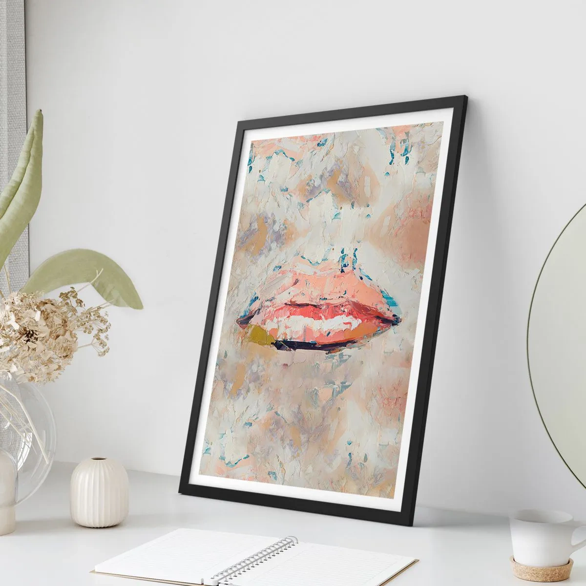 Plagát v čiernom ráme - Abstraktné pery v pastelovej farebnej palete - 50x70cm - Prebúdza zmysly - Moderná nástenná dekorácia do obývacej izby a spálne ARTTOR
