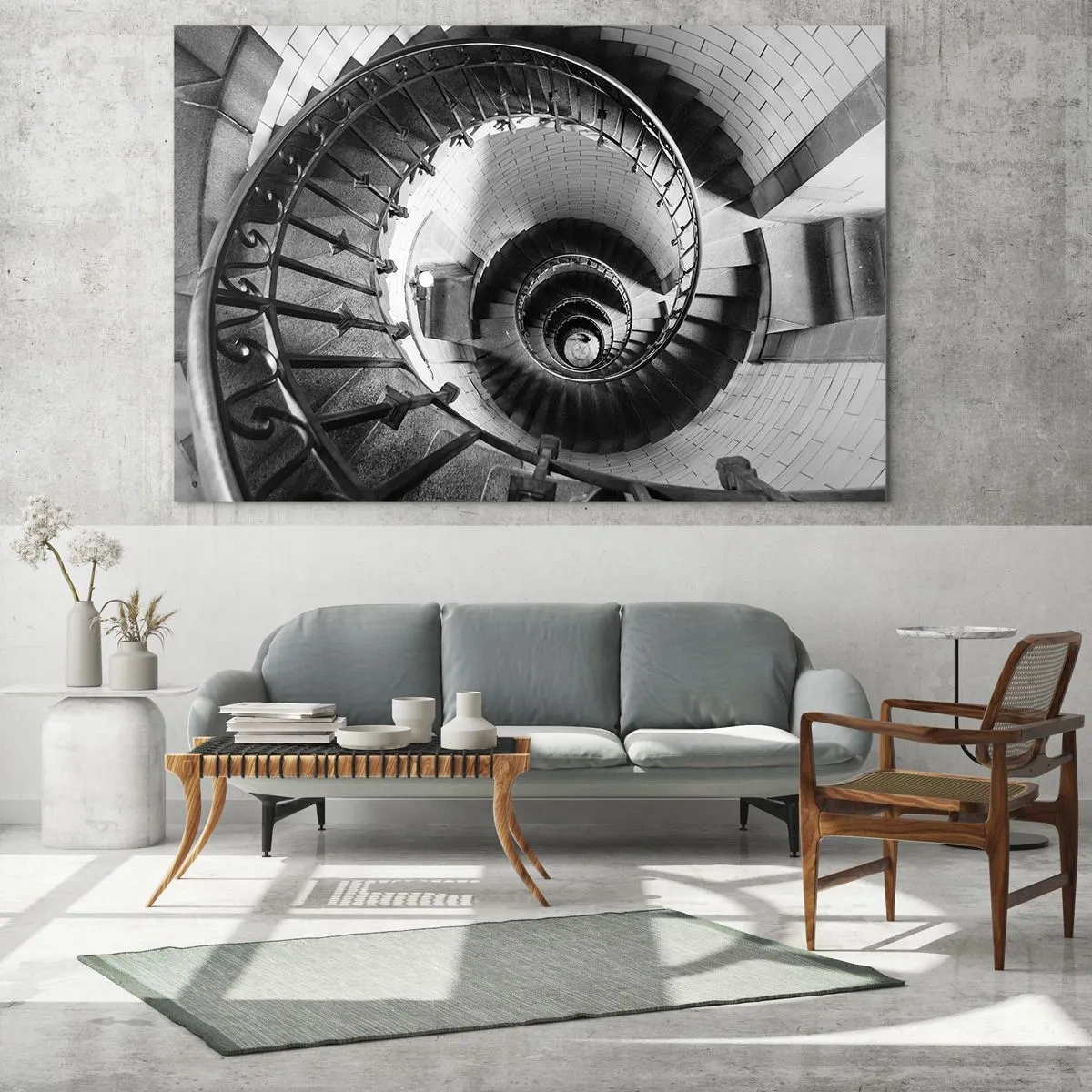 Obraz na skle - Čiernobiela fotografia točitého schodiska v perspektíve - 70x50cm - Len vyššie a vyššie - Moderná nástenná dekorácia do obývacej izby a spálne ARTTOR