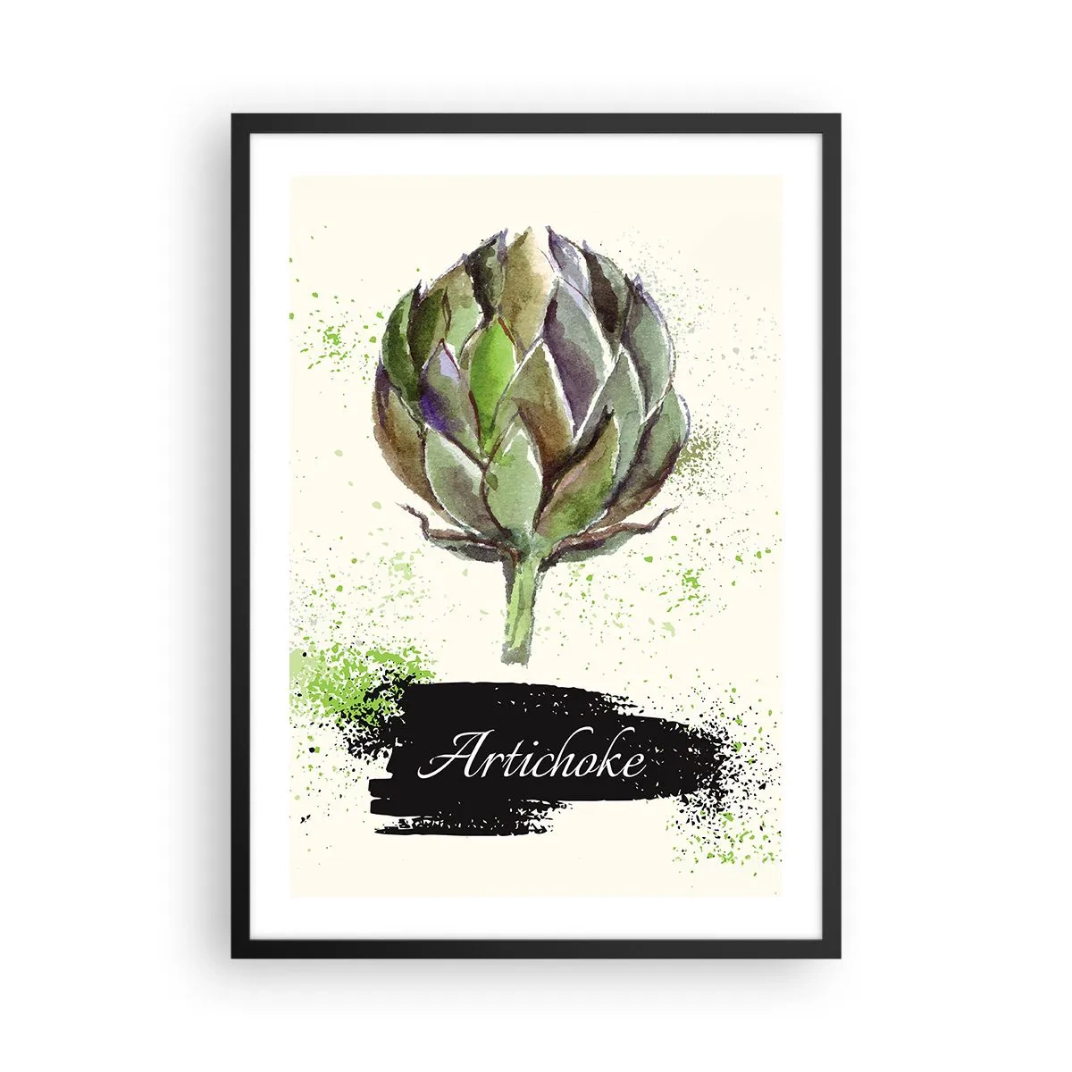 Plagát v čiernom ráme - Akvarelová ilustrácia artičoky na svetlom pozadí - 50x70cm - Nech žije zelenina! - Moderná nástenná dekorácia do obývacej izby a spálne ARTTOR