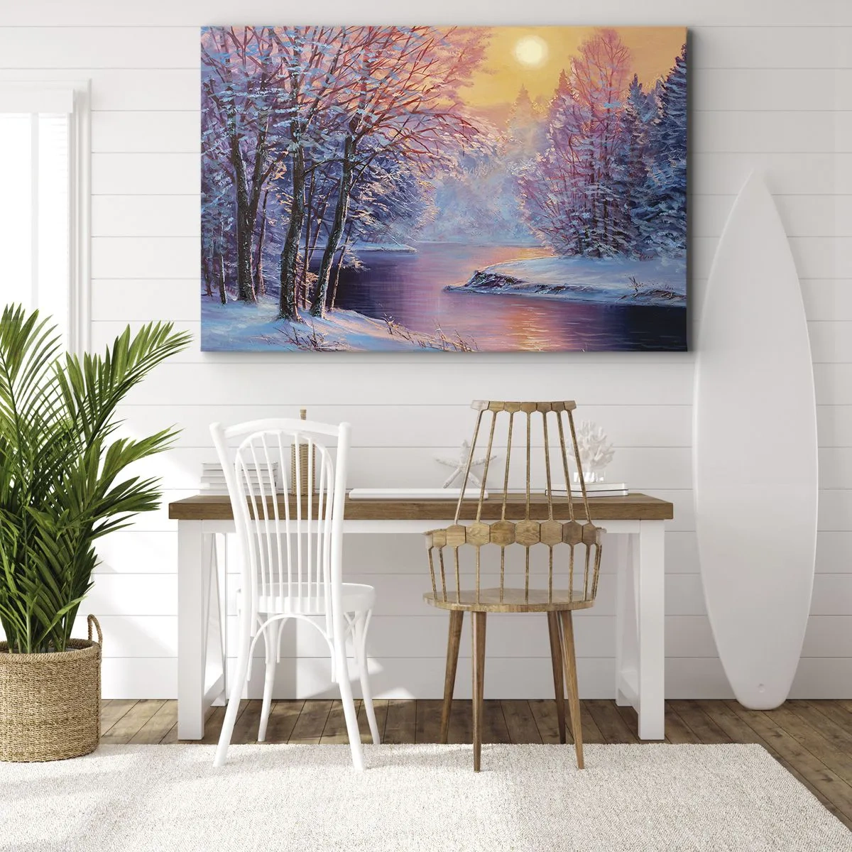 Obraz na plátne - Zimná krajina s riekou a stromami pri východe slnka - 70x50cm - Farby zimy - Moderná nástenná dekorácia do obývacej izby a spálne ARTTOR