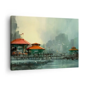 Obraz na plátne - Prístavné budovy v daždivej scenérii s čajkami - 70x50cm - Slnečný deň v prístave - Moderná nástenná dekorácia do obývacej izby a spálne ARTTOR