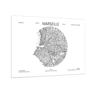 Obraz na skle - Čiernobiela mapa mesta Marseille v modernom štýle - 70x50cm - Anatómia Marseille - Moderná nástenná dekorácia do obývacej izby a spálne ARTTOR