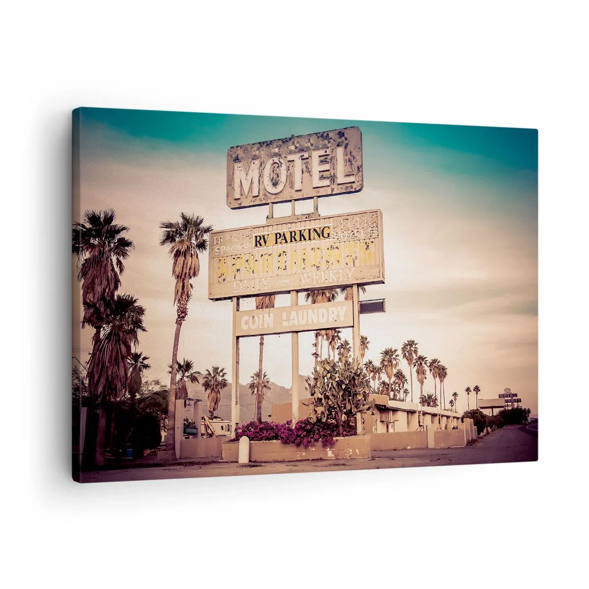 Obraz na plátne - Retro motelová značka obklopená palmami - 70x50cm - Tu sa zastavil čas - Moderná nástenná dekorácia do obývacej izby a spálne ARTTOR