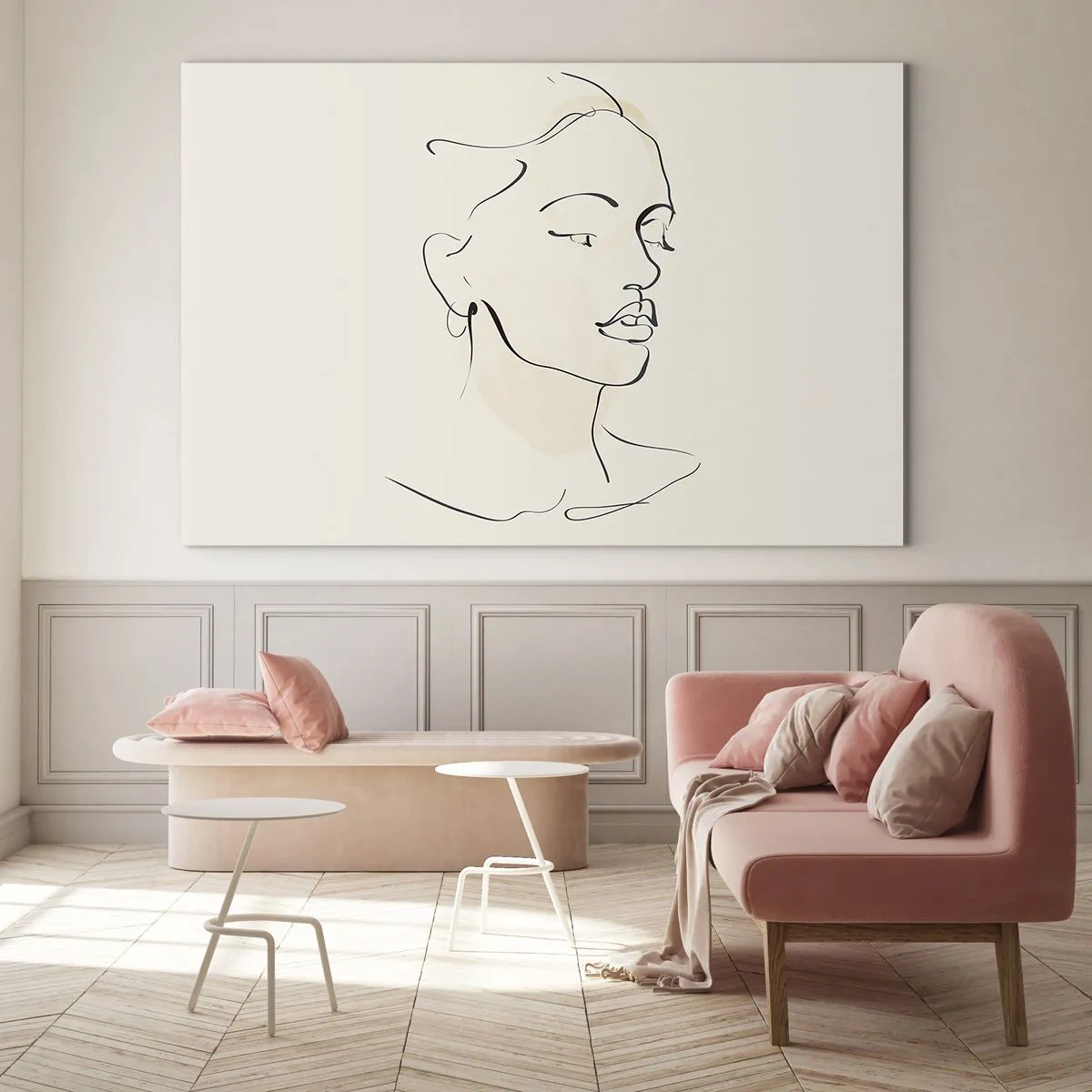 Obraz na skle - Ženský lineárny portrét na svetlom pozadí s jemnými tieňmi. - 70x50cm - Výrazným ťahom - Moderná nástenná dekorácia do obývacej izby a spálne ARTTOR