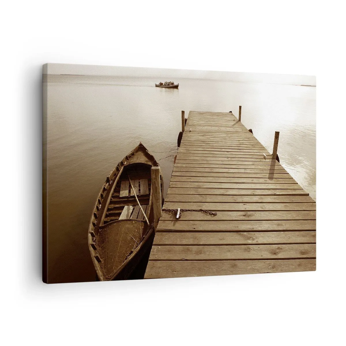 Obraz na plátne - Drevené mólo a loď na pokojnom jazere - 70x50cm - Veľký pokoj - Moderná nástenná dekorácia do obývacej izby a spálne ARTTOR