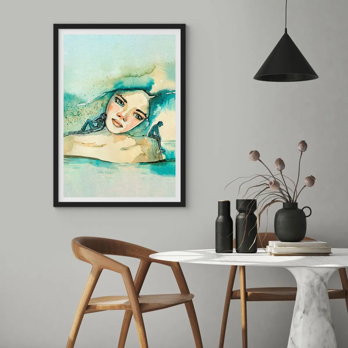 Plagát v čiernom ráme - Portrét ženy v umeleckom akvarelovom štýle - 50x70cm - Am I blue? - Moderná nástenná dekorácia do obývacej izby a spálne ARTTOR