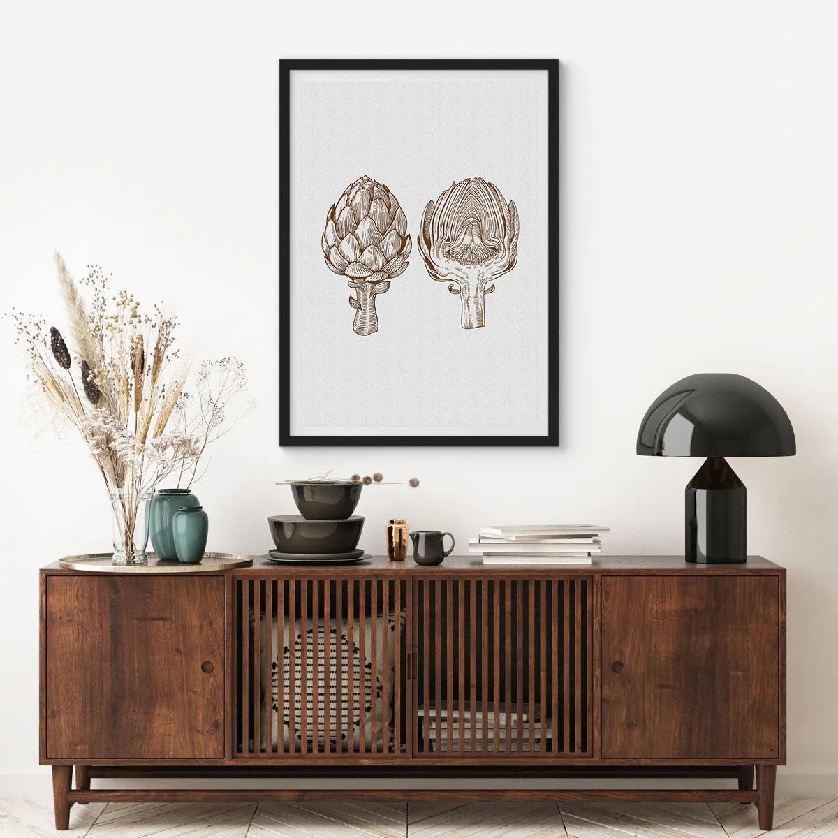 Plagát v čiernom ráme - Vintage ilustrácia dvoch artičokov - 50x70cm - Hodiny anatómie - Moderná nástenná dekorácia do obývacej izby a spálne ARTTOR