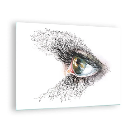 Obraz na skle - Zlaté oko obklopené dynamickými líniami a abstraktnými detailmi - 70x50cm - Pozri sa priamo do duše - Moderná nástenná dekorácia do obývacej izby a spálne ARTTOR