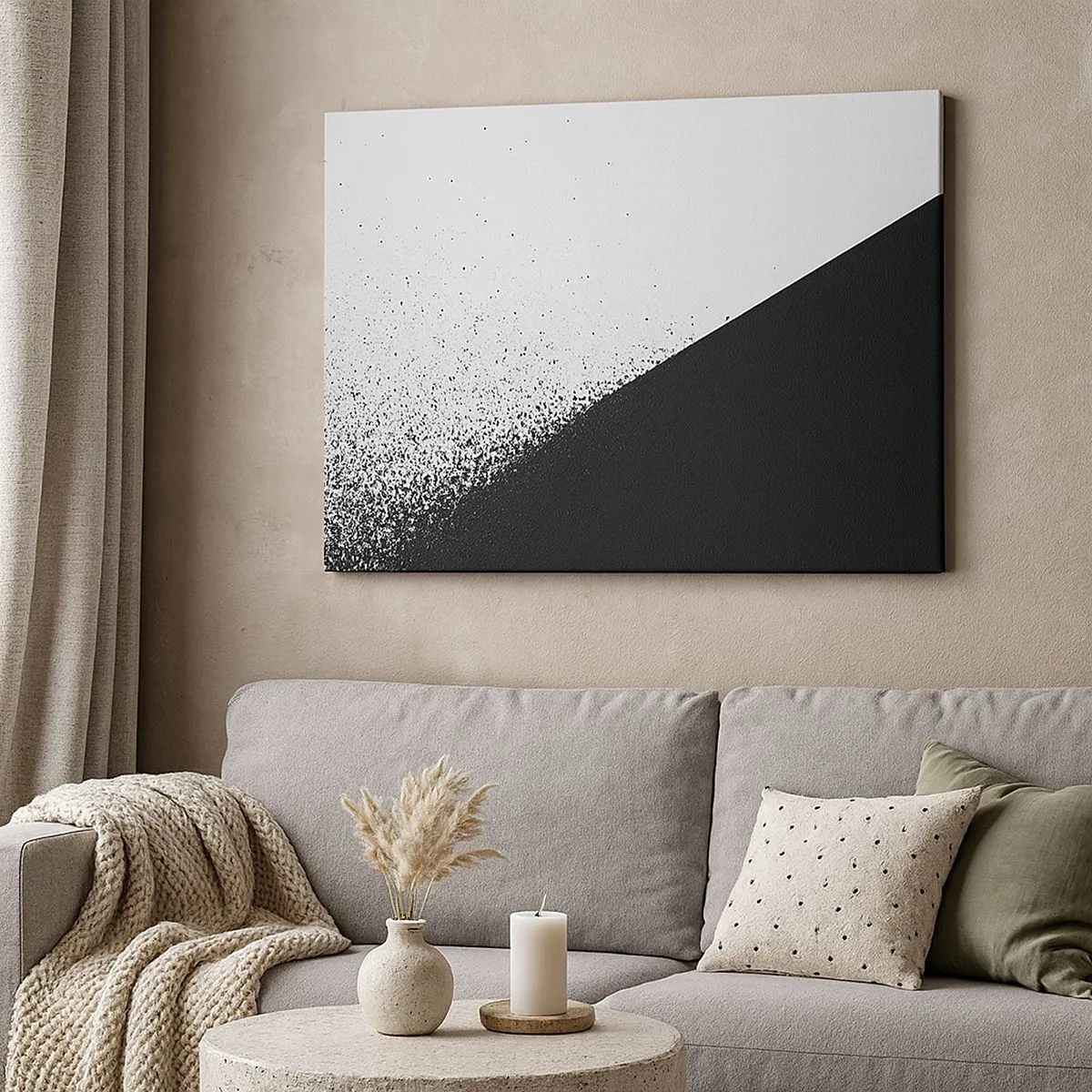 Obraz na plátne - Minimalistická abstrakcia v čiernej a bielej farbe s rozptýlenými bodkami - 70x50cm - Rýchlejšie a rýchlejšie, viac a viac - Moderná nástenná dekorácia do obývacej izby a spálne ARTTOR
