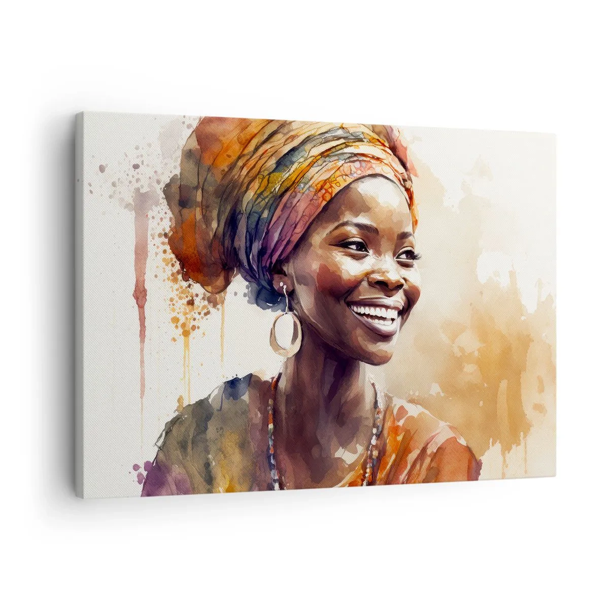 Obraz na plátne - Portrét usmievavej ženy v farebnej šatke v akvarelovom štýle - 70x50cm - Africká kráľovná - Moderná nástenná dekorácia do obývacej izby a spálne ARTTOR