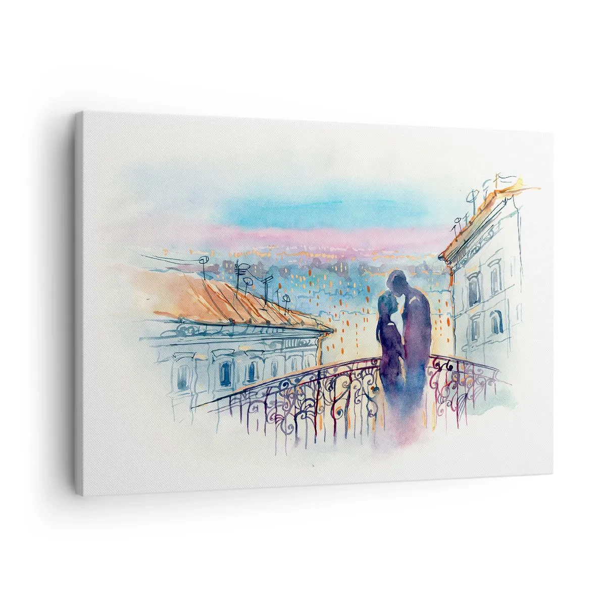 Obraz na plátne - Romantický pár na balkóne s výhľadom na mesto - 70x50cm - Parížski milenci - Moderná nástenná dekorácia do obývacej izby a spálne ARTTOR