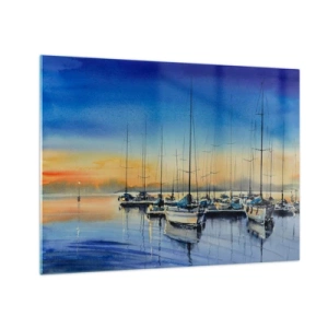Obraz na skle - Plachetnice v prístave pri západe slnka - 70x50cm - Koniec dobrého dňa - Moderná nástenná dekorácia do obývacej izby a spálne ARTTOR
