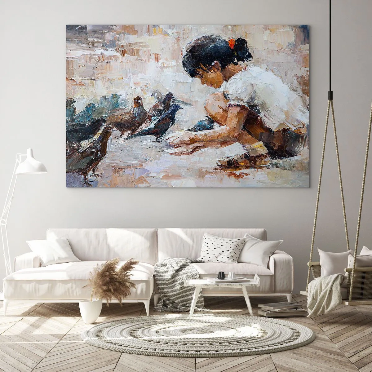 Obraz na skle - Dievča kŕmi vtáky na impresionistickom pozadí - 70x50cm - Maličkí a najmilší - Moderná nástenná dekorácia do obývacej izby a spálne ARTTOR