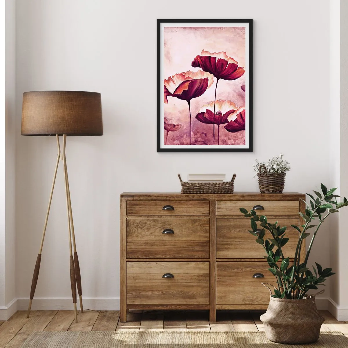 Plagát v čiernom ráme - Malebné vlčie maky na jemnom pastelovom pozadí - 50x70cm - Červený a biely plátok - Moderná nástenná dekorácia do obývacej izby a spálne ARTTOR