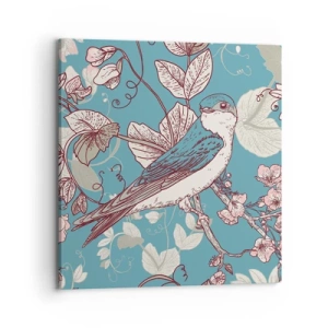 Obraz na plátne - Na bielom strome vtáky a strieborné lístie - 70x70 cm