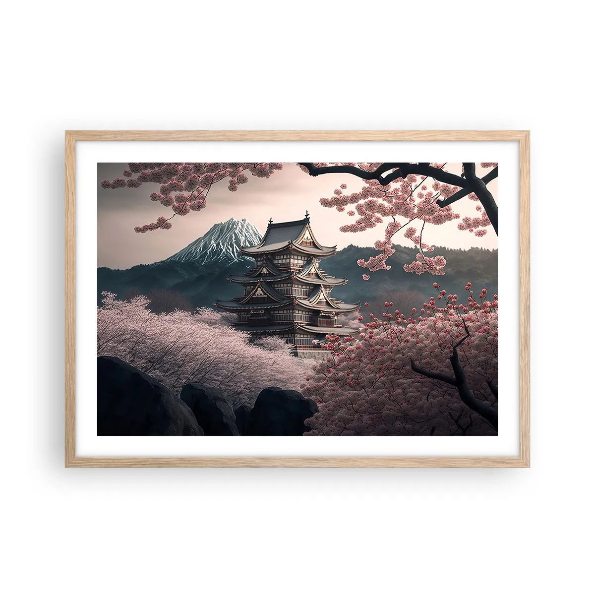 Plagát v ráme zo svetlého duba - Krajina kvitnúcich čerešní - 70x50 cm