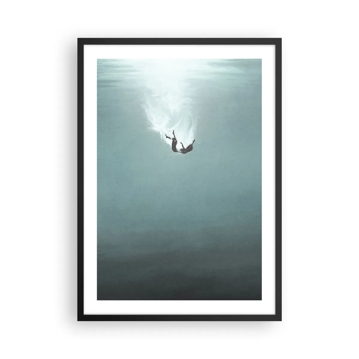 Plagát v čiernom ráme - Silueta muža padajúceho do hlbín vody - 50x70cm - V objatí oceánu - Moderná nástenná dekorácia do obývacej izby a spálne ARTTOR