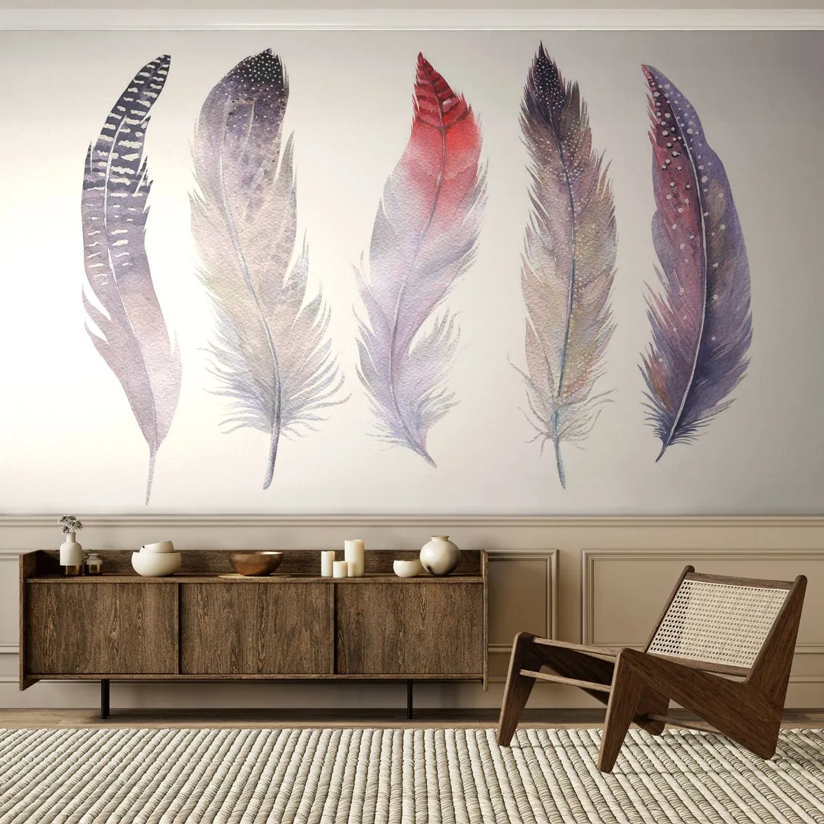 Fototapeta Premium Sand - Jemné ako rôznofarebná hmla - Vtáčie pierko, Boho, Grafika - 100x70 cm