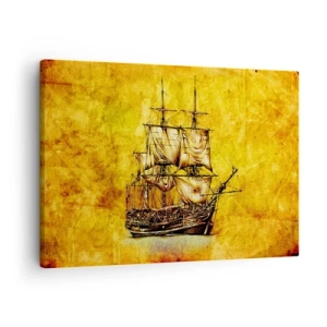 Obraz na plátne - Štylizovaná kresba plachetnice na zlatom pozadí s vintage nádychom. - 70x50cm - Smer Tortuga! - Moderná nástenná dekorácia do obývacej izby a spálne ARTTOR