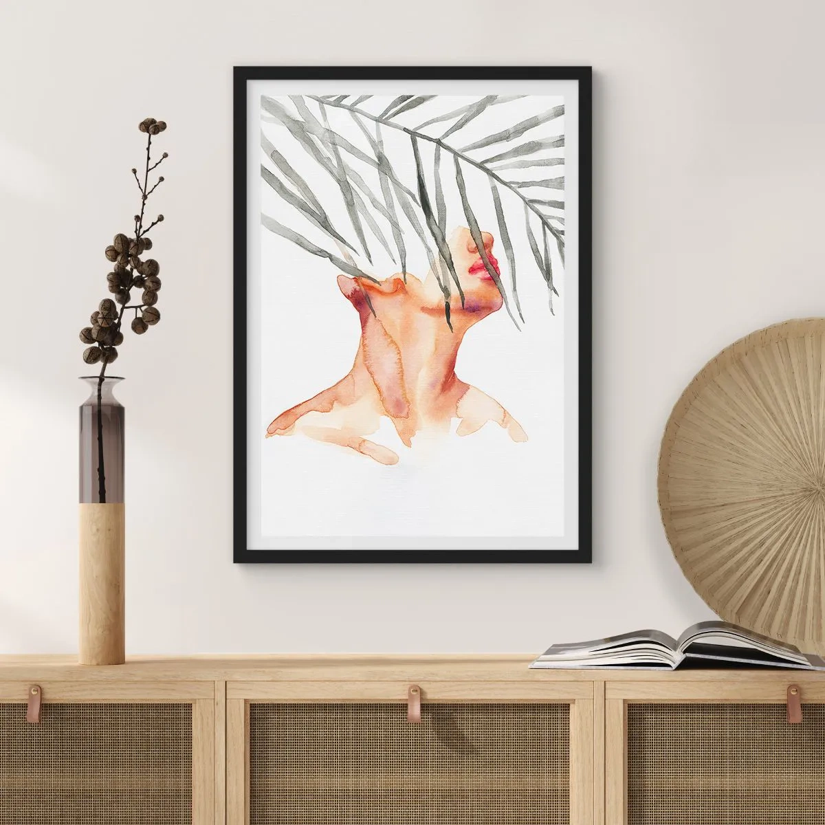 Plagát v čiernom ráme - Akvarelová žena s palmovými listami zakrývajúcou jej tvár - 50x70cm - Vnímať tep trópov - Moderná nástenná dekorácia do obývacej izby a spálne ARTTOR