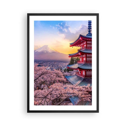 Plagát v čiernom ráme - Pagoda s výhľadom na horu Fudži obklopená čerešňovými kvetmi pri západe slnka - 50x70cm - Podstata japonského ducha - Moderná nástenná dekorácia do obývacej izby a spálne ARTTOR