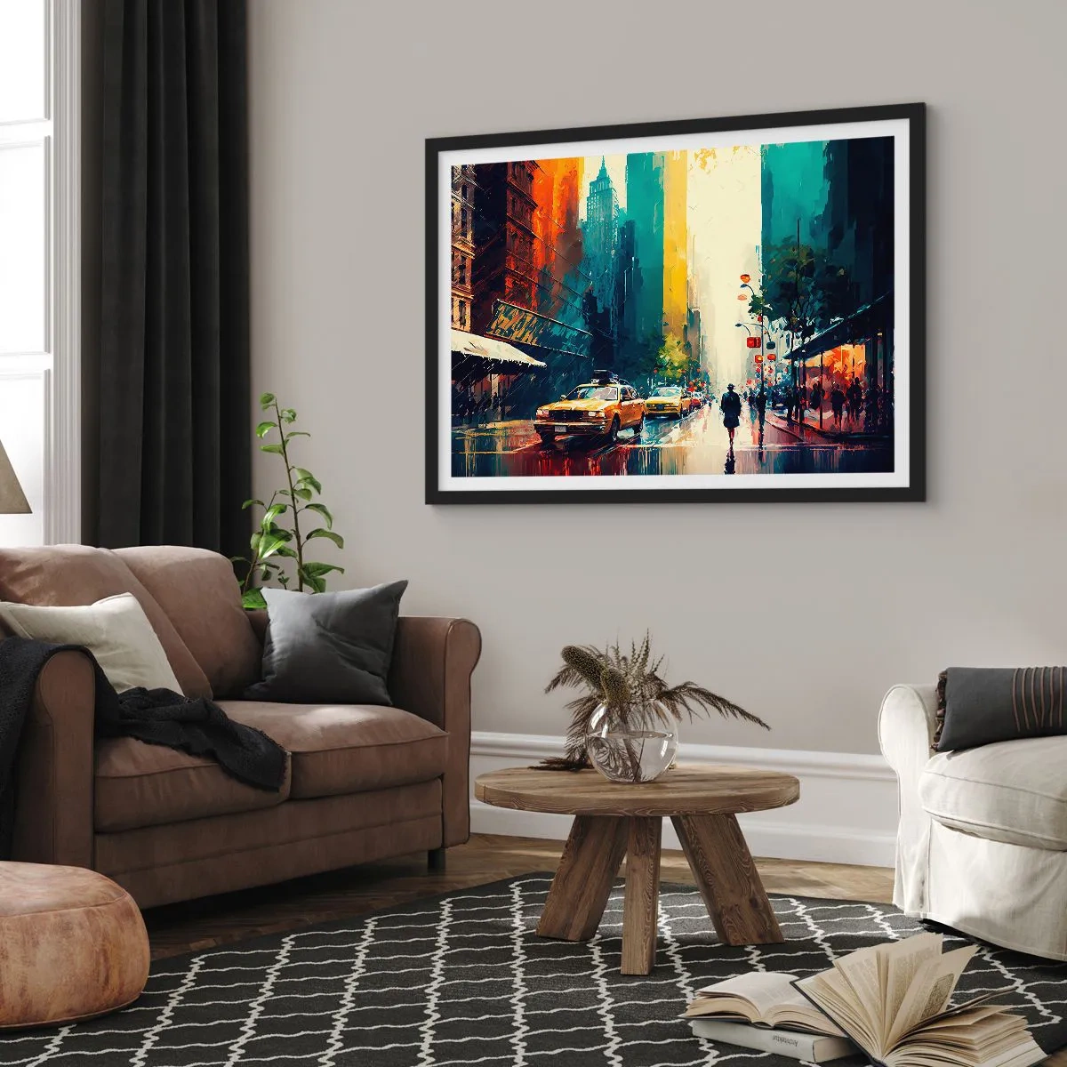 Plagát v čiernom ráme - New York – tu je aj dážď farebný - 70x50 cm