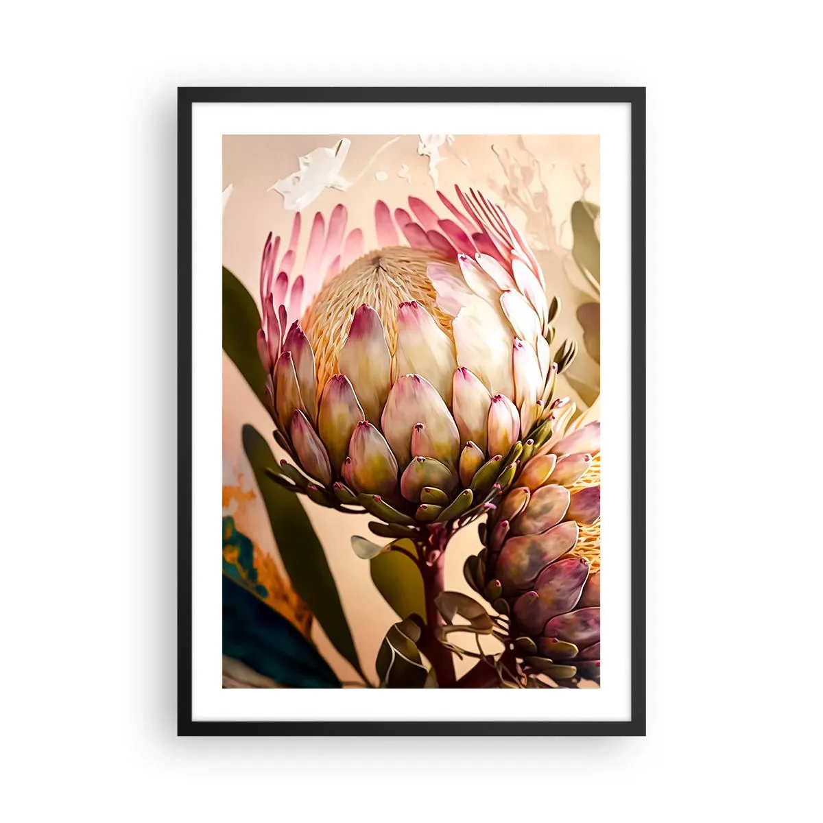 Plagát v čiernom ráme - Detailný záber na kvet protey v teplých farbách - 50x70cm - Nežne objaté - Moderná nástenná dekorácia do obývacej izby a spálne ARTTOR
