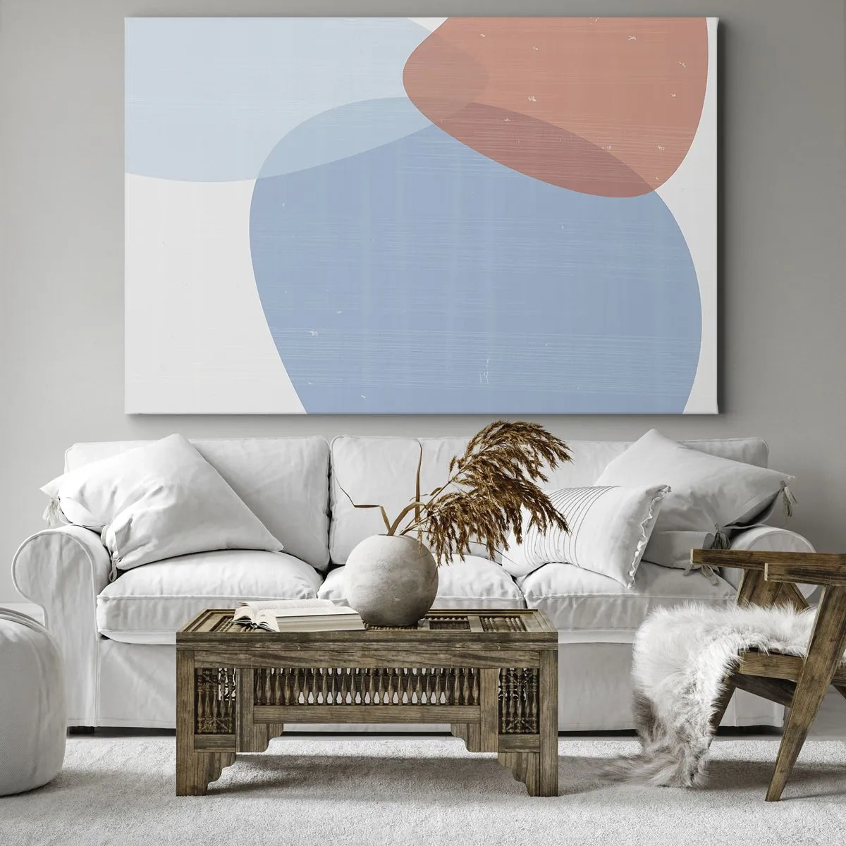 Obraz na plátne - Abstraktná kompozícia v pastelových odtieňoch modrej a ružovej s organickými tvarmi. - 70x50cm - Pastelové vzťahy - Moderná nástenná dekorácia do obývacej izby a spálne ARTTOR