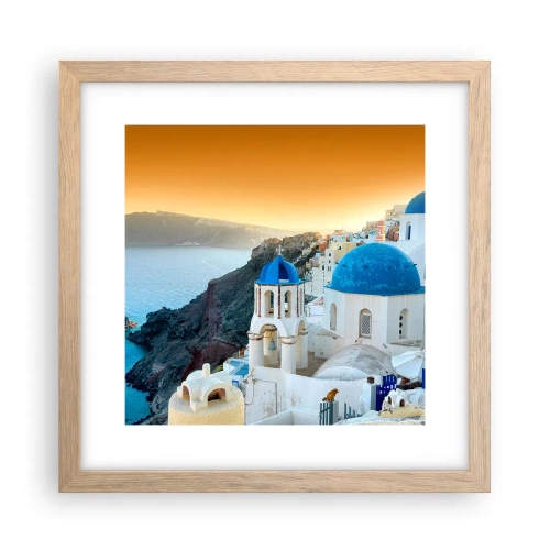 Plagát v ráme zo svetlého duba - Santorini - v náruči skál - 30x30 cm