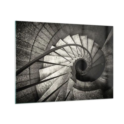 Obraz na skle - Čiernobiele točité schodisko z vtáčej perspektívy - 70x50cm - Hore po schodoch, dole po schodoch - Moderná nástenná dekorácia do obývacej izby a spálne ARTTOR