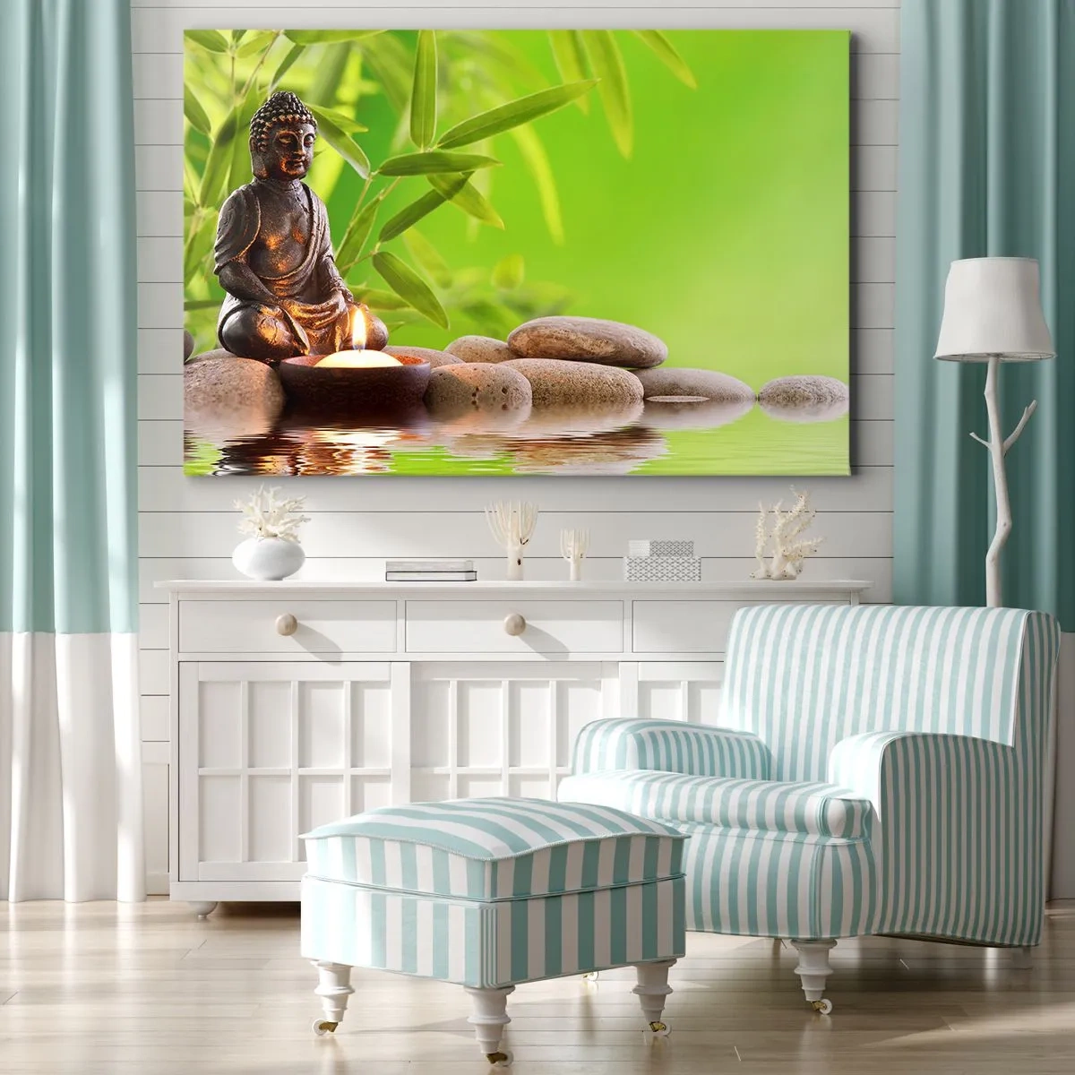 Obraz na plátne - Budhova postava s kameňmi a sviečkou na bambusovom pozadí - 70x50cm - Život je krásny - Moderná nástenná dekorácia do obývacej izby a spálne ARTTOR