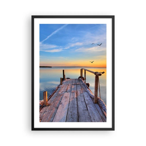 Plagát v čiernom ráme - Mólo pri západe slnka nad pokojným jazerom - 50x70cm - Ísť pred seba smerom k slnku - Moderná nástenná dekorácia do obývacej izby a spálne ARTTOR
