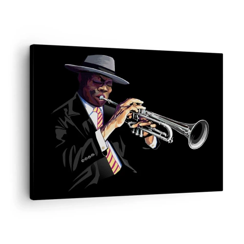 Obraz na plátne - Hudobník hrajúci na trúbku na čiernom pozadí - 70x50cm - Kúzlo starej školy - Moderná nástenná dekorácia do obývacej izby a spálne ARTTOR