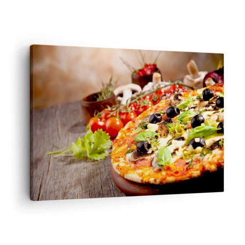 Obraz na plátne - Pizza s olivami, bazalkou a čerstvými ingredienciami na drevenom pozadí - 70x50cm - Z telurických zložiek - Moderná nástenná dekorácia do obývacej izby a spálne ARTTOR