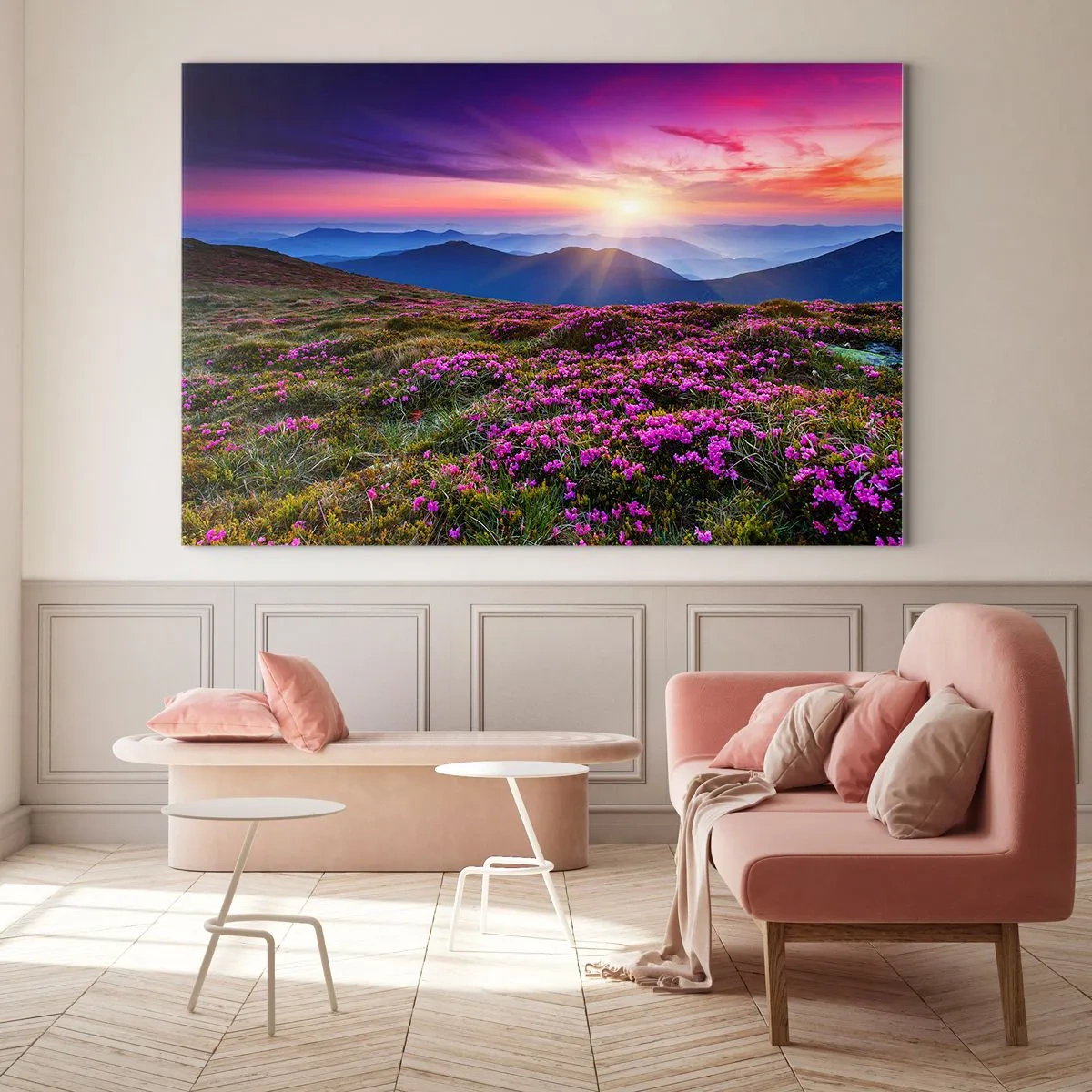 Obraz na skle - Horská krajina s vresoviskom pri západe slnka - 70x50cm - Zavoňali svieže púčiky byliniek z obilných polí - Moderná nástenná dekorácia do obývacej izby a spálne ARTTOR