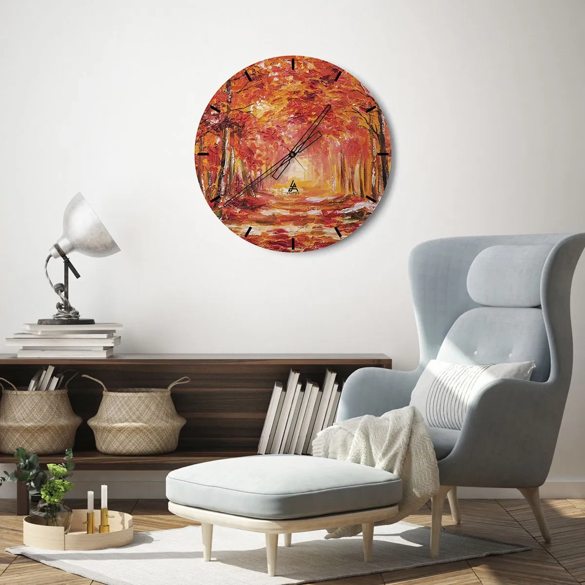 Nástenné hodiny - Jesenný les v teplých odtieňoch červenej a oranžovej - 30x30cm - Medený les - Moderná nástenná dekorácia do obývacej izby, kuchyne a spálne ARTTOR
