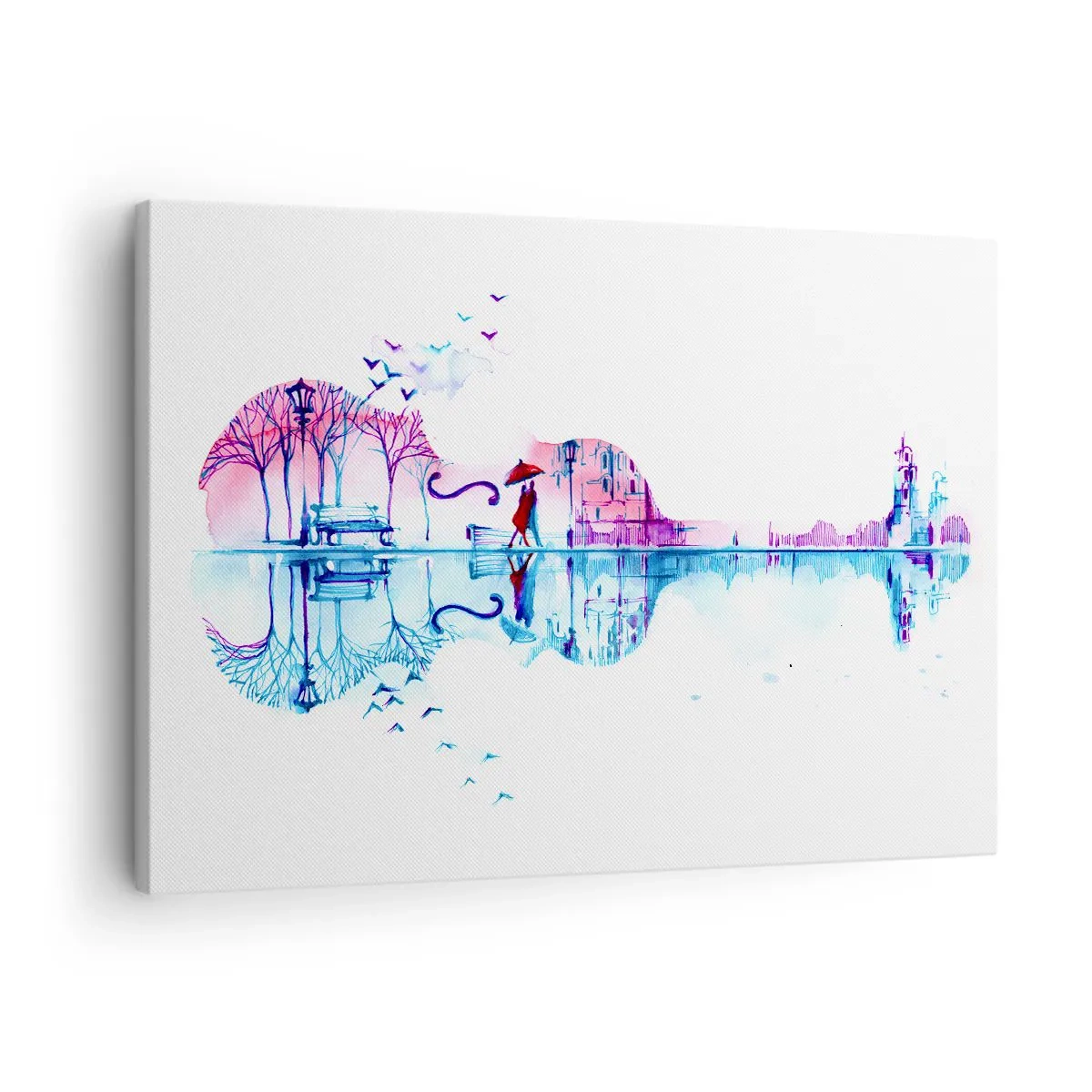 Obraz na plátne - Silueta mesta v tvare huslí v akvarelových farbách - 70x50cm - Prinesiem vám dažďové piesne - Moderná nástenná dekorácia do obývacej izby a spálne ARTTOR