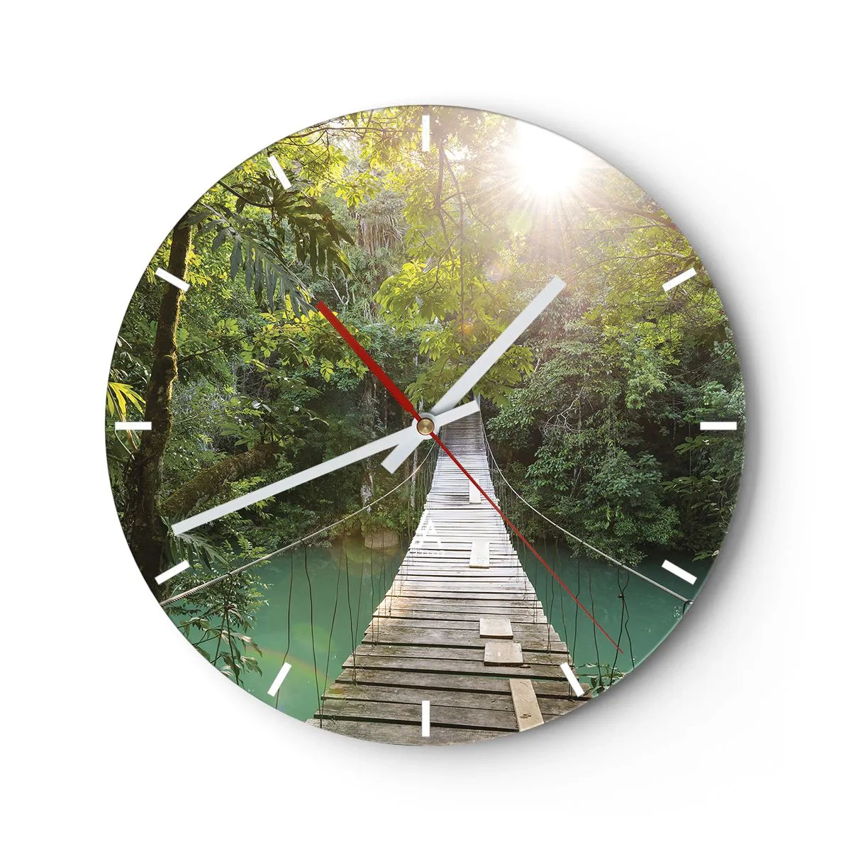 Nástenné hodiny - Drevený visutý most v tropickej džungli za úsvitu - 30x30cm - Nad azúrovou vodou do azúrového lesa - Moderná nástenná dekorácia do obývacej izby, kuchyne a spálne ARTTOR