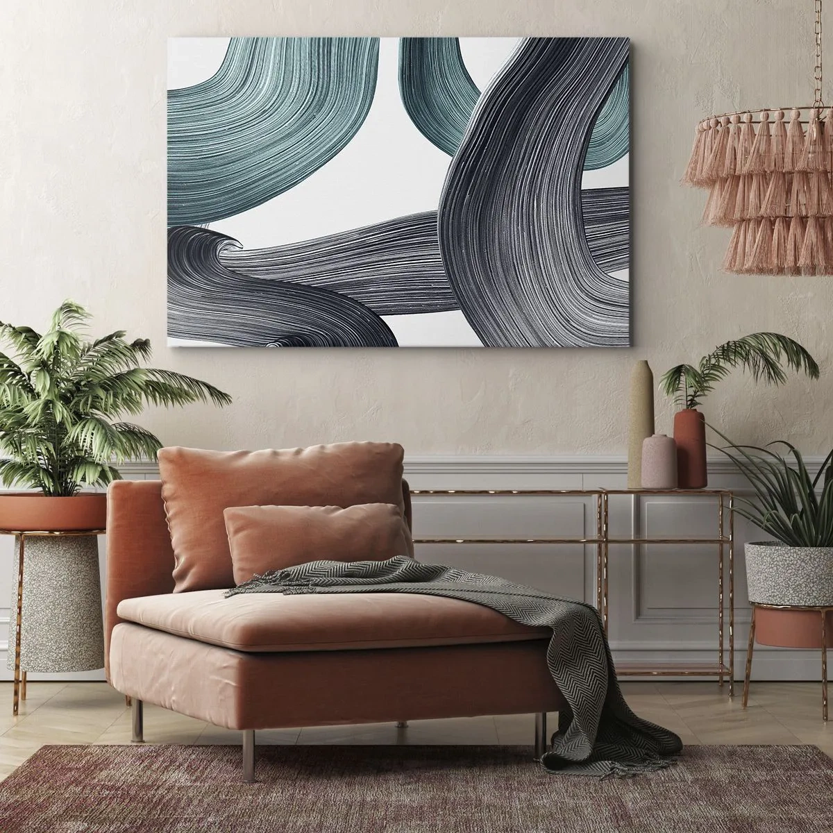 Obraz na plátne - Plynulé abstraktné čiary v odtieňoch zelenej a sivej - 70x50cm - Smaragdové a čierne vlny - Moderná nástenná dekorácia do obývacej izby a spálne ARTTOR