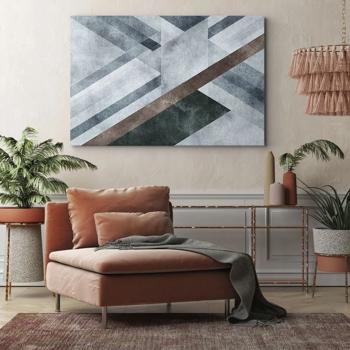 Obraz na plátne - Geometrické tvary v chladných odtieňoch modrej a hnedej - 70x50cm - Sofistikovaná elegancia geometrie - Moderná nástenná dekorácia do obývacej izby a spálne ARTTOR