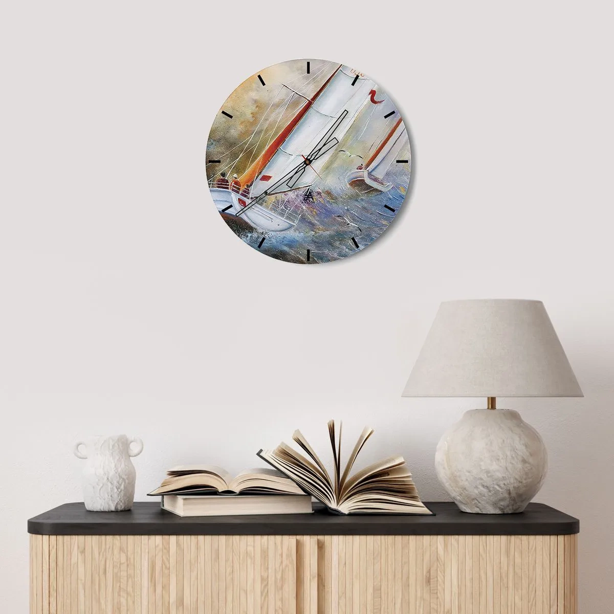 Nástenné hodiny - Plachetnice na rozbúrenom mori v umeleckom štýle - 30x30cm - Bežiace cez vlny - Moderná nástenná dekorácia do obývacej izby, kuchyne a spálne ARTTOR