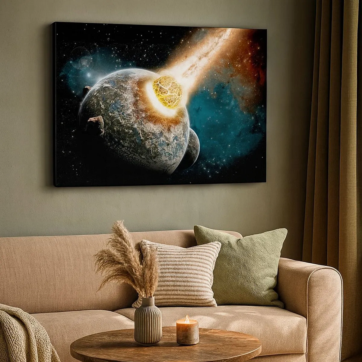 Obraz na plátne - Kozmická zrážka planéty s asteroidom v blízkosti galaxie. - 70x50cm - Skaza alebo narodenie? - Moderná nástenná dekorácia do obývacej izby a spálne ARTTOR