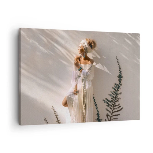 Obraz na plátne - Žena v boho štýle osvetlená slnečnými lúčmi - 70x50cm - Slnko a dievča - Moderná nástenná dekorácia do obývacej izby a spálne ARTTOR