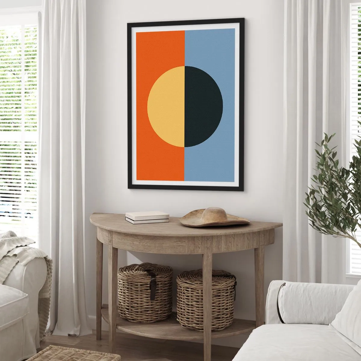 Plagát v čiernom ráme - Geometrická kompozícia s kruhom a kontrastnými farbami - 50x70cm - Kompozícia tepla a chladu - Moderná nástenná dekorácia do obývacej izby a spálne ARTTOR
