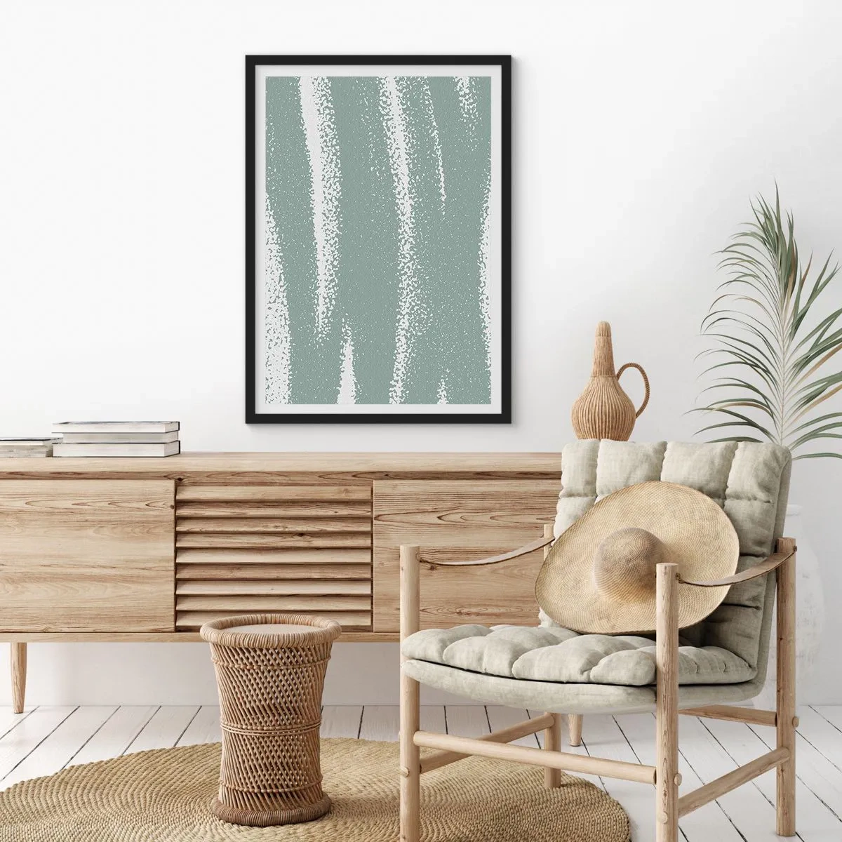 Plagát v čiernom ráme - Minimalistická kompozícia v odtieňoch zelenej a bielej - 50x70cm - Abstrakcia v zimnom štýle - Moderná nástenná dekorácia do obývacej izby a spálne ARTTOR