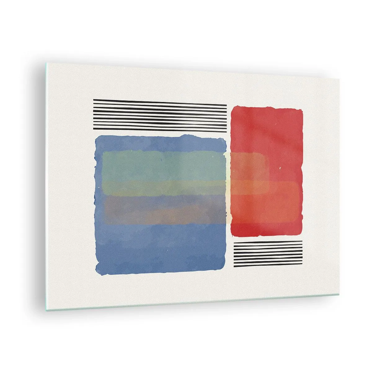 Obraz na skle - Geometrická kompozícia s červenými a modrými obdĺžnikmi - 70x50cm - Duch a písmeno geometrie - Moderná nástenná dekorácia do obývacej izby a spálne ARTTOR