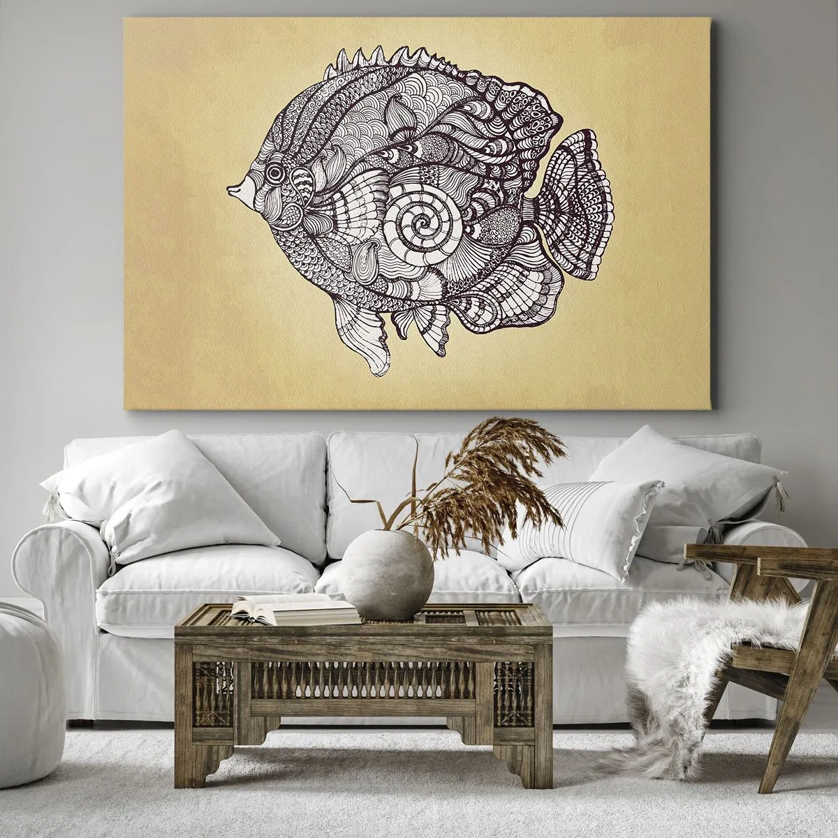 Obraz na plátne - Dekoratívne ryby v štýle kresby so vzormi - 70x50cm - Z oceánu ornamentov - Moderná nástenná dekorácia do obývacej izby a spálne ARTTOR