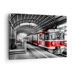 Obraz na plátne - Červený vlak na stanici pod strechou - 70x50cm - Možno je to životná cesta? - Moderná nástenná dekorácia do obývacej izby a spálne ARTTOR