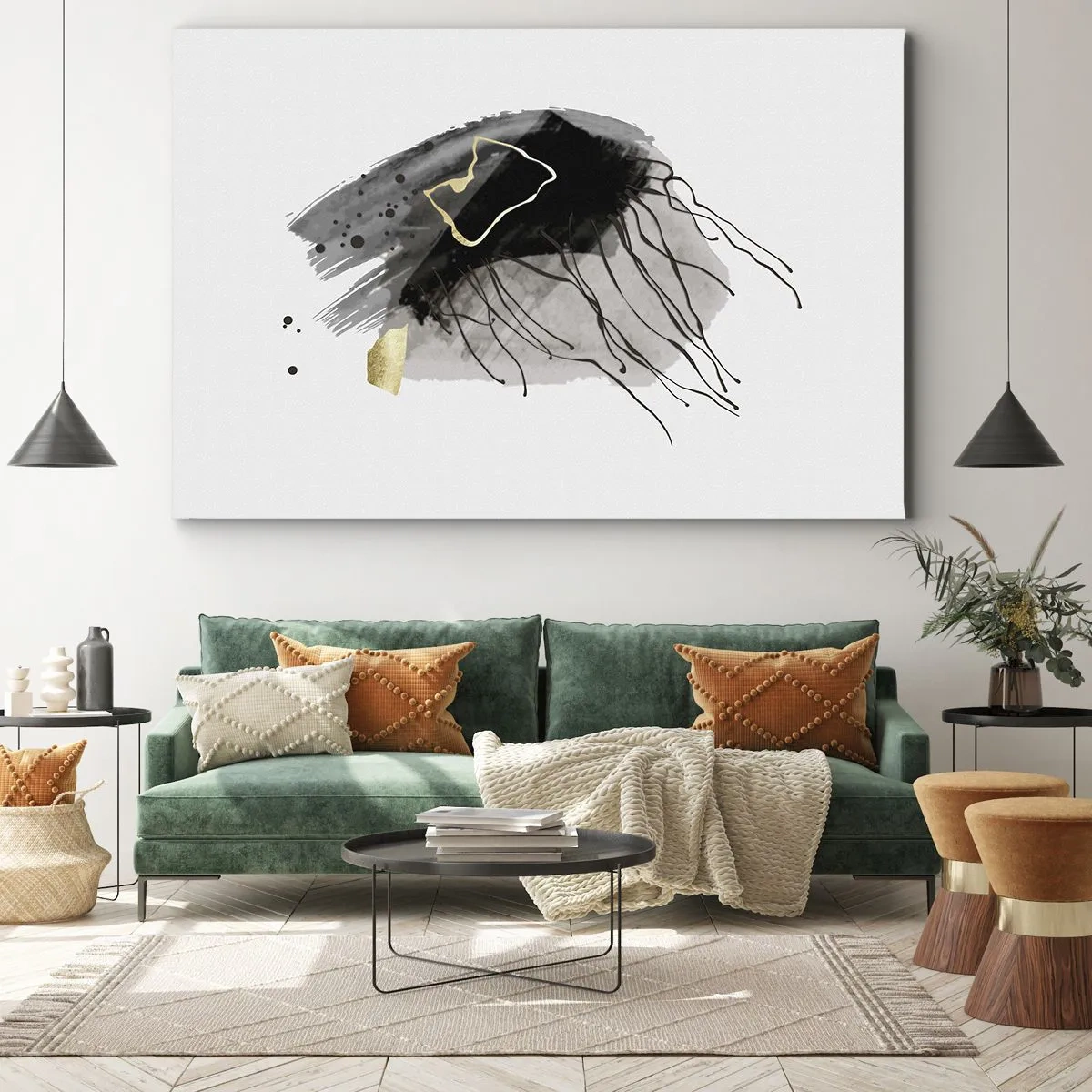 Obraz na plátne - Abstraktná kompozícia s akcentmi čiernej a zlatej farby. - 70x50cm - V čiernej a zlatej - Moderná nástenná dekorácia do obývacej izby a spálne ARTTOR